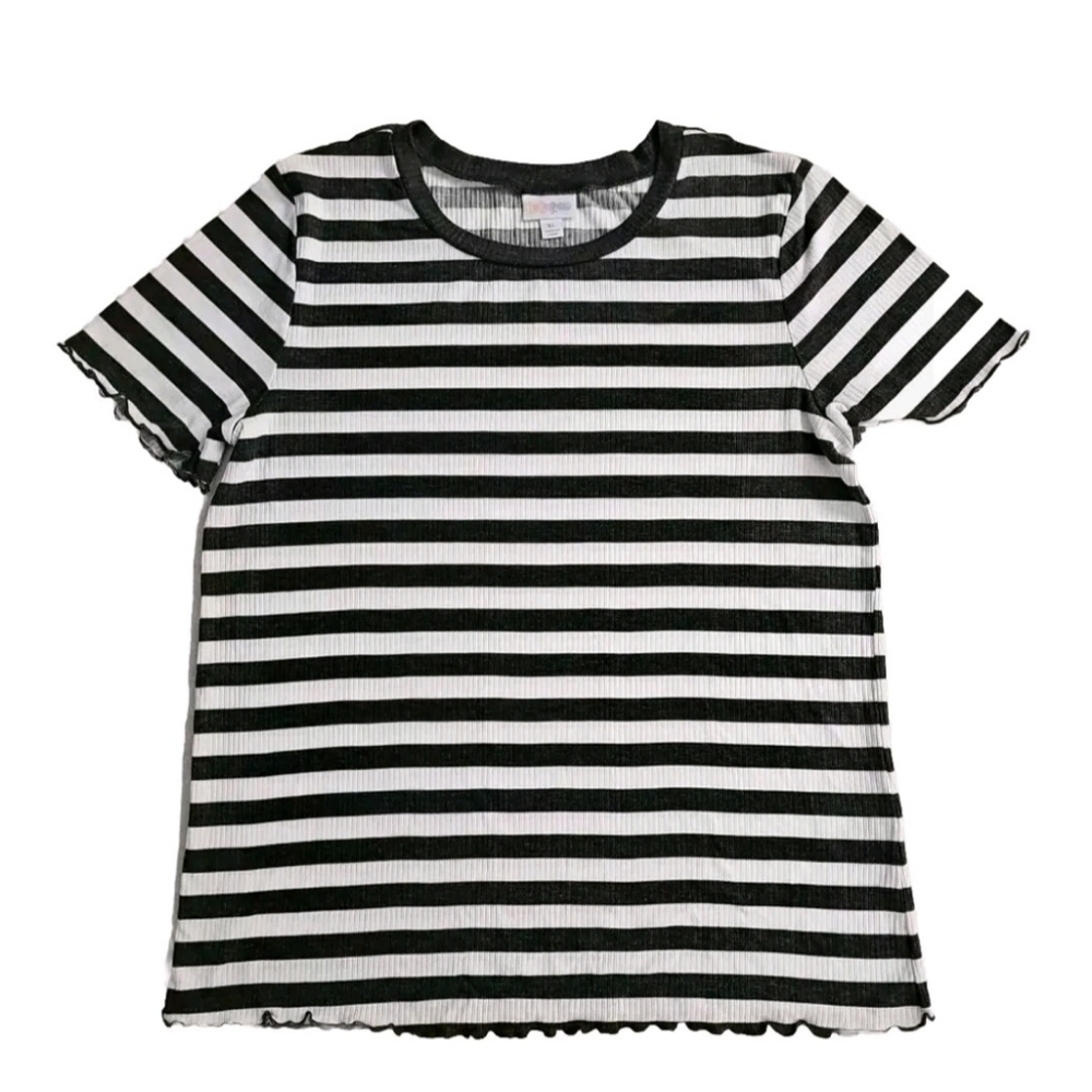 Lularoe Womens Grey and White Striped Crew Neck Ribbed Top